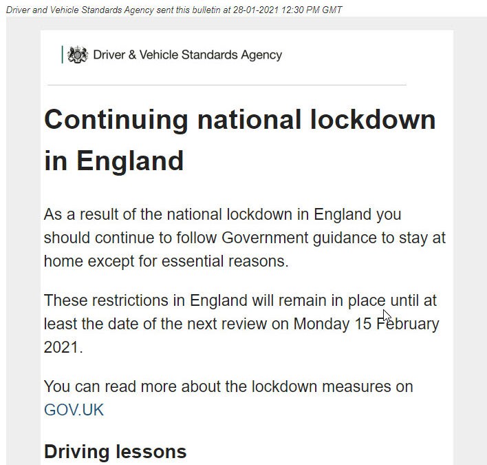 DVSA Advice on Continuing National Lockdown